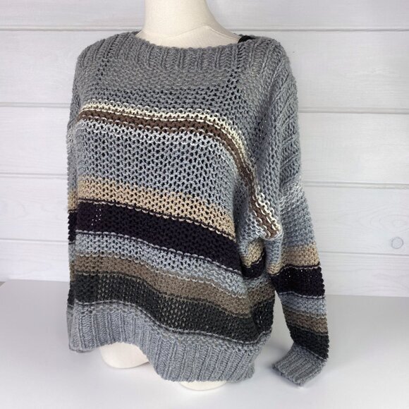 Open Knit Stripe Sweater S Boxy Oversized Boho Chic Bohemian Neutral Earthy Fall - Picture 1 of 8